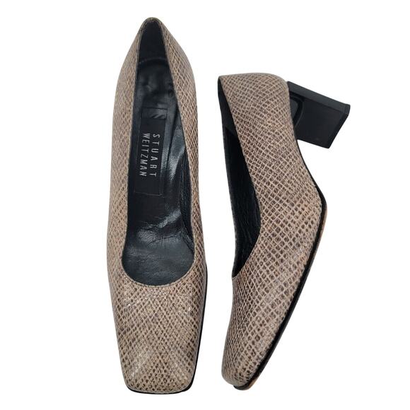 Stuart Weitzman Size 6.5 Snakeskin Heels Leather Slip On Shoes Tan Brown Womens - Picture 1 of 9